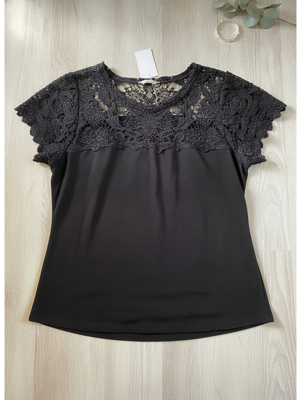 Adiva Black Lace Detail Short Sleeve Blouse XL
